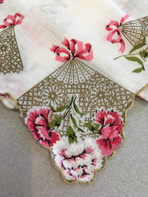 Mother's Hankie, Vintage, Fans, Carnations, Pink … - image 2