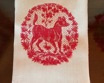 Vintage Bath or Hand Towel, Turkey Red Show Towel Dog! Victorian, Fringe, Damask, Soft White Lovely, Edwardian, Cottagecore