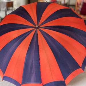 Vintage Umbrella, Stripe Orange & Blue, Steel Frame Bakelite Handle Costume Prop Antique Clothing Women