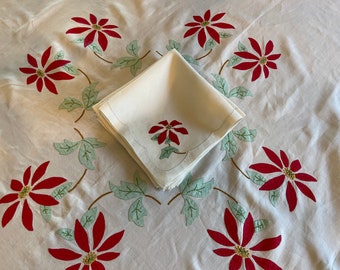 Vintage Tablecloth and Napkins Poinsettias, Applique Madeira, Linen Square Jadeite and Red, Christmas Cottagecore