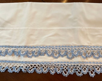 Pair Vintage Pillowcases, White with Blue and White Tatted Trim, Covers Slips Beautiful 42” Long