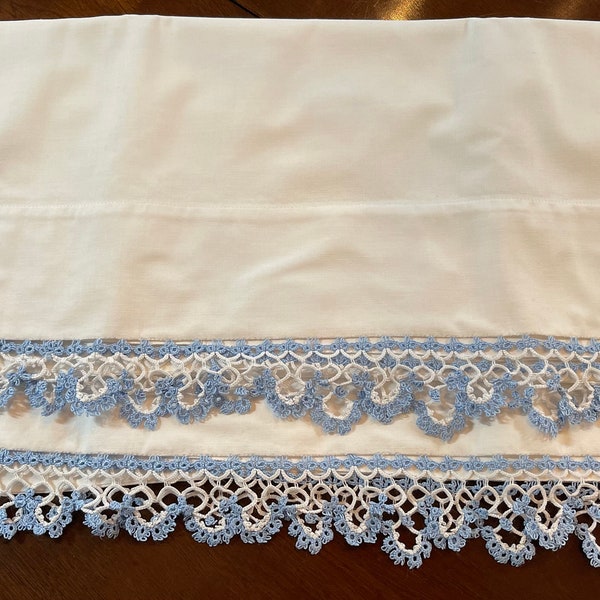 Pair Vintage Pillowcases, White with Blue and White Tatted Trim, Covers Slips Beautiful 42” Long