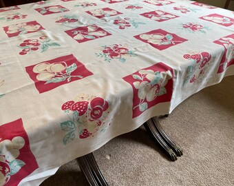 Vintage Tablecloth Fruit, Repeat Blocks, Plums Peaches Strawberries, Pears Blossoms Red Yellow Aqua, Printed Fabric