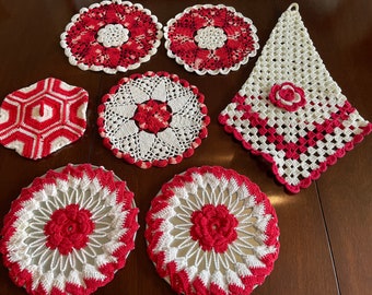 Seven Vintage Crochet Red & White Trivets, Doilies Dishcloth/Scrubbie, Mug Mats, Wall Decor, Decorations Christmas 4th of July Potholders