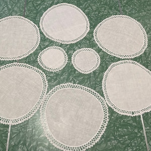 Vintage Eight Linen with Crochet Trim Doilies, Mats Round All Hand Made, Vintage Luncheon Collector