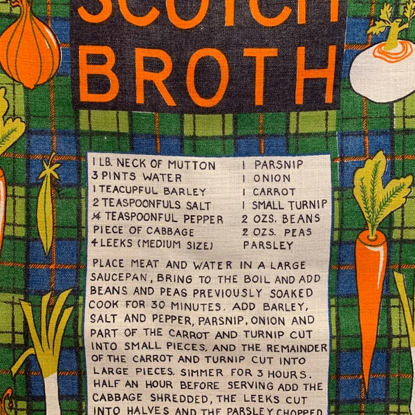 Vintage Linen Tea Towel, Scotch Broth, Recipe Tartan Plaid Green Blue Orange Vegetables Kitchen, Display