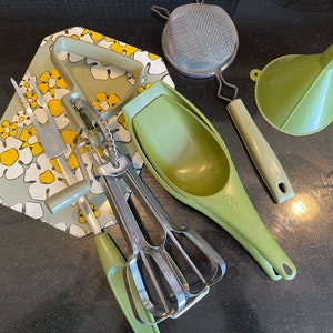 Vintage Kitchen Tools, Cooking Utensils, 1960s Avocado Green, Ecko, Plastic  Hand Mixer, Daisy Trivet Meat Fork Strainer Funnel Scoops S&ps 