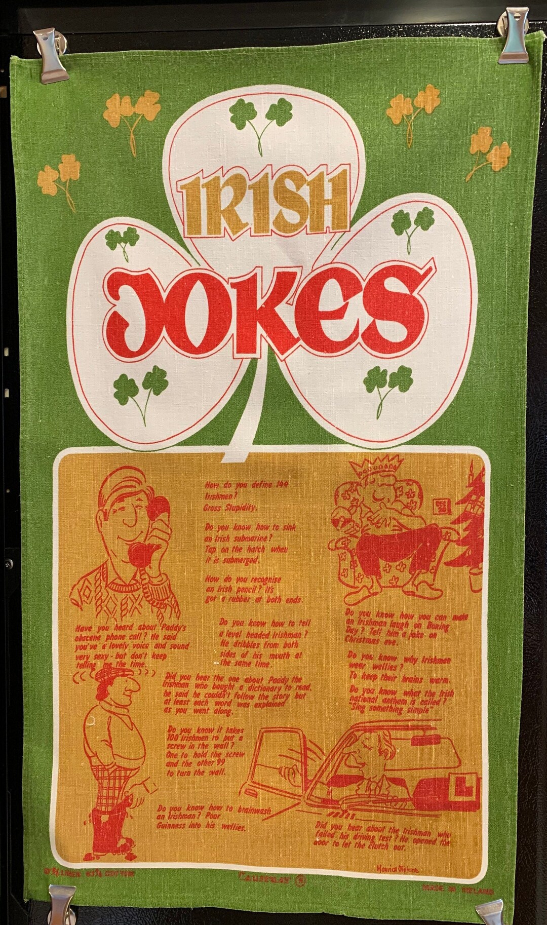 Vintage Tea Towel, Irish Jokes, St. Patrick's Day Signed 1960s Colors