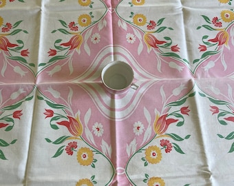 Vintage Tablecloth Topper, Pink withTulips, Floral Print Kitchen