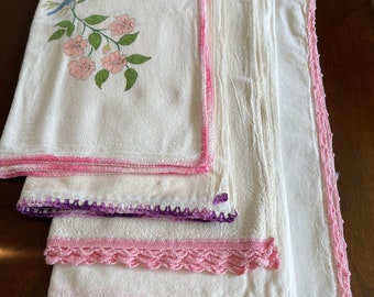 Vintage Flour Sack Kitchen Towels, Group of Five, Pink & Purple Crochet Trim, Muslin Never Used, Tablecloths Curtains Baby Blankets Upcycle