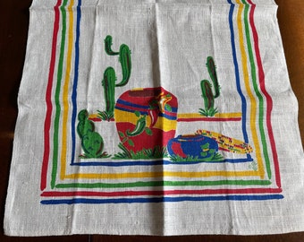 Vintage Mexican Theme Vintage Kitchen Towel, Yellow Red Blue Tea Dish Pottery Cactus, Striped Border, Never Used Stevens, NOS
