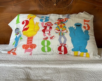 Vintage Pillowcase, Sesame Street Characters, Muppets, Numbers, Grid Slip Cover Sham, Tag J.P. Stephen’s & Co.