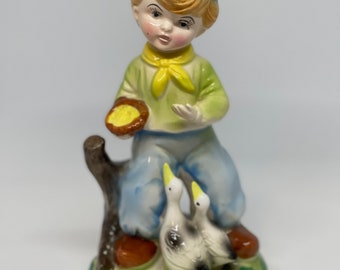 Vintage Ceramic Figurine Boy Feeding Ducks made in Japan