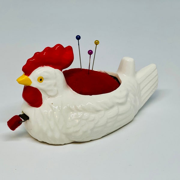 Vintage Enesco Rooster Pin Cushion Tape Measure Thimble Holder
