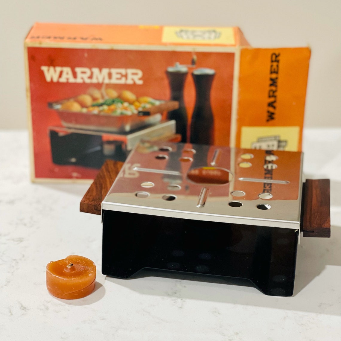 Vintage Food Warmer Teak Wood Stainless Steel Tea Light Candle Etsy