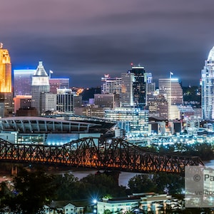 Cincinnati Skyline Poster: Ohio Wall Decor, Cincinnati City at Night Print, Cincinnati Skyline Wall Art, Cinicinnati Cityscape Artwork Print