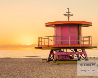 Miami Beach Poster: 10th Street Lifeguard Tower Art, Beach Sunrise Print, Miami Canvas Art, Florida Home Decor, Coastal Artwork, Miami Gifts