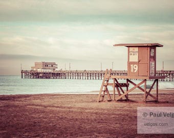 Newport Beach Pier Print: Lifeguard Tower Art, Newport Beach Canvas, Orange County Poster, Southern California Wall Art, Retro Vintage Photo