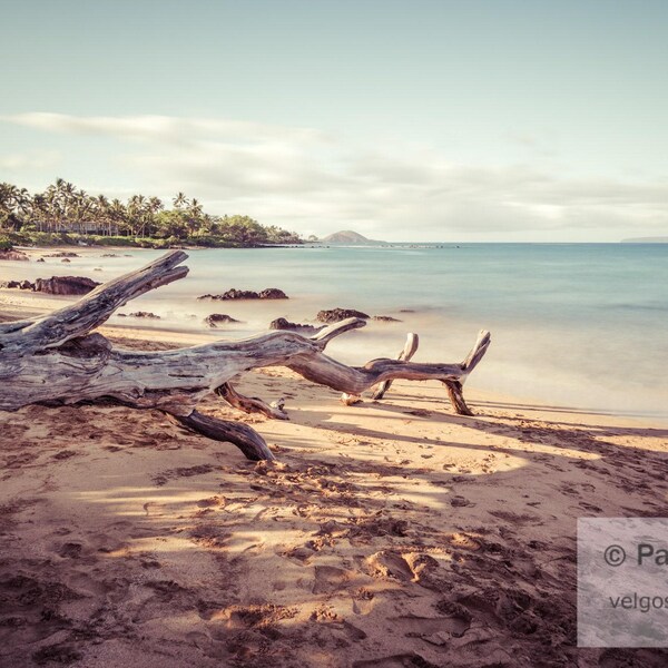 Impresión de playa de Maui: Arte de playa de Keawakapu, foto de playa de Maui, póster de Maui, Hawái, obra de arte hawaiana, lienzo de playa de Hawái, decoración retro vintage