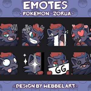 Puede incluir: Una colección de ocho emoticonos con el Pokémon Zorua en varias expresiones. Los emoticonos incluyen a Zorua con corazones, llorando y diciendo "Hi" y "GG". El diseño es de Webbelart.