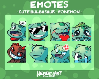 BULBASAUR EMOTES Set (8) | Twitch | Discord | YouTube | Streaming | Cute KANTO pokemon fanart Emoji Emote Pack