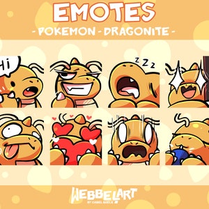 Puede incluir: Un conjunto de nueve emoticonos digitales con un Dragonite Pokémon de dibujos animados en varias expresiones, incluyendo "Hola", "zzz" y "amor".