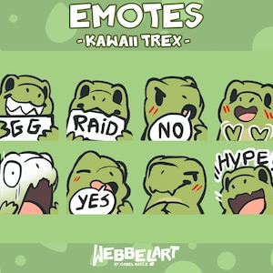 May include: A set of eight green cartoon dinosaur emoticons with different expressions and text. The text includes "3GG", "RAID", "NO", "♡♡", "HYPE!", "O", "YES", and "T".