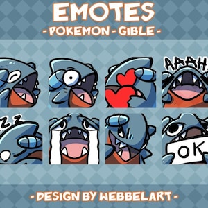 May include: A set of cartoon Gible Pokémon emotes, each with a different expression. The emotes show various emotions, such as sleeping, crying, and holding a heart. The background is a light blue diamond pattern with the text "EMOTES - POKEMON - GIBLE - DESIGN BY WEBBELART".