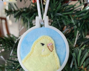 Yellow Budgie - Embroidery Hoop Ornament, Felt Embroidered Bird Art