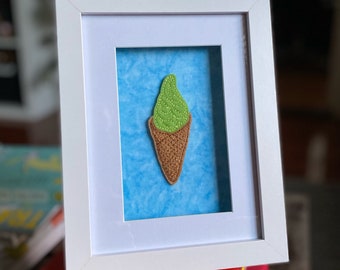 Matcha Soft Serve - Embroidered Felt Art with Frame, Icecream Art