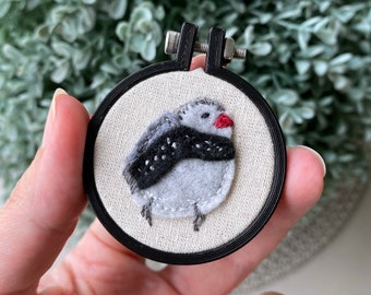 Diamond Firetail Finch - Embroidery Hoop Ornament, Felt Embroidered Bird Art