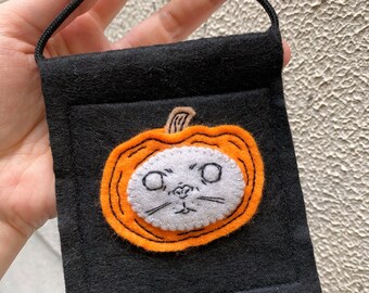 Pumpkin Cat - Felt Embroidery Wall Hanging, Halloween Cat Art