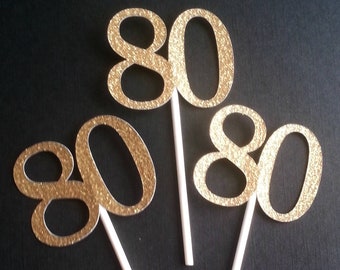 80 cupcake toppers, 80th Birthday, 12 ct 80th Cupcake Toppers, Eighty Birthday Gold Glitter Toppers, Eightieth  Anniversary Party Ideas