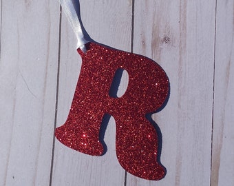 Red glitter initials, Initial hang tags, Glitter Alphabet Ornaments, handmade tags, Christmas gift tags, Personalized tags