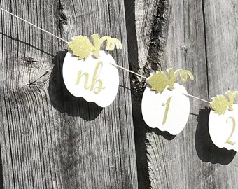 May include: White pumpkin-shaped paper cutouts with gold glitter accents strung together on a white string. The cutouts are numbered 1 through 6 and one cutout says "nb".