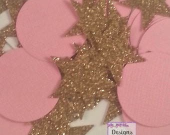 Gold Glitter Stars  and  pink circles, Wedding Gold Confetti, Country Star Cut Outs, Twinkle Star, 100 mixture Confetti