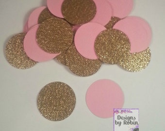 150 Gold Glitter and Pink 1 inch Circle  Confetti - Tiarra Gold and Pink Party - Baby Princess Party  - Prince Party - Wedding Decor