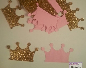 100 Gold Glitter and Pink Princess Crown Confetti  - Tiarra Gold and Pink Party - Baby Princess Party  - Prince Party - Wedding Decor