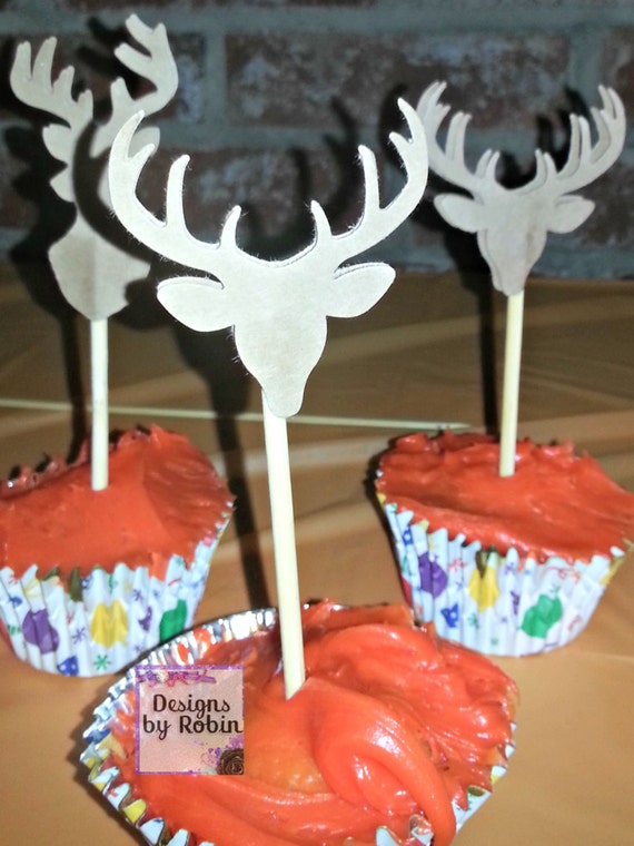 12 Deer head cupcake toppers, Wildlife toppers, Hunting party