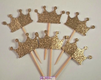 Gold Glitter Princess Crown Cupcake picks  - Tiara Gold and Pink Party - Tiarra Royal Appetizer picks - Prince Party - Wedding Decor