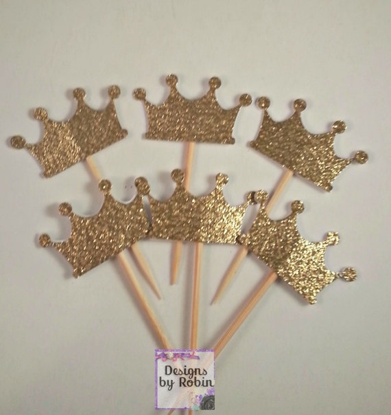 Gold Glitter Princess Crown Cupcake picks - Tiara Gold and Pink Party - Tiarra Royal Appetizer picks - Prince Party - Wedding Decor Il_570xn