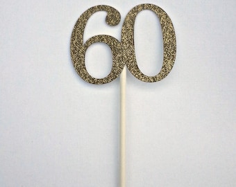 60 cupcake toppers, 60th Birthday, 6 ct 60th Cupcake Toppers, Sixty Birthday Gold Glitter Cupcake Toppers, Sixtieth Anniversary Party Ideas
