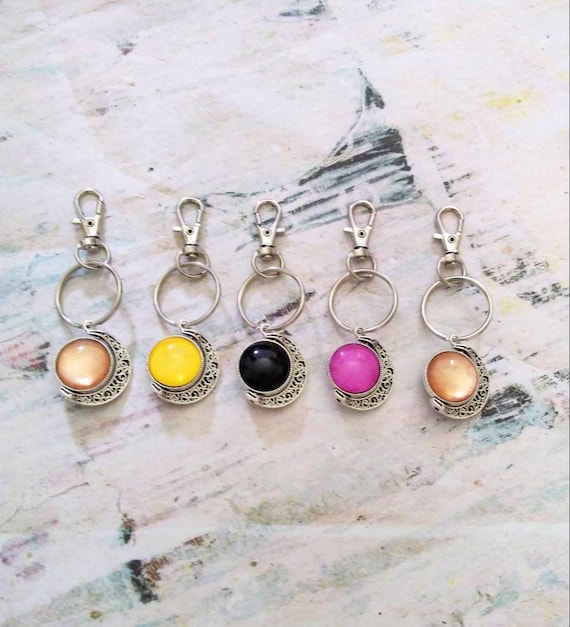 keychain charm, moon lover gift, crescent moon, two sided pendant, round keychain, hand painted glass, double moon, lunar gift ready to ship