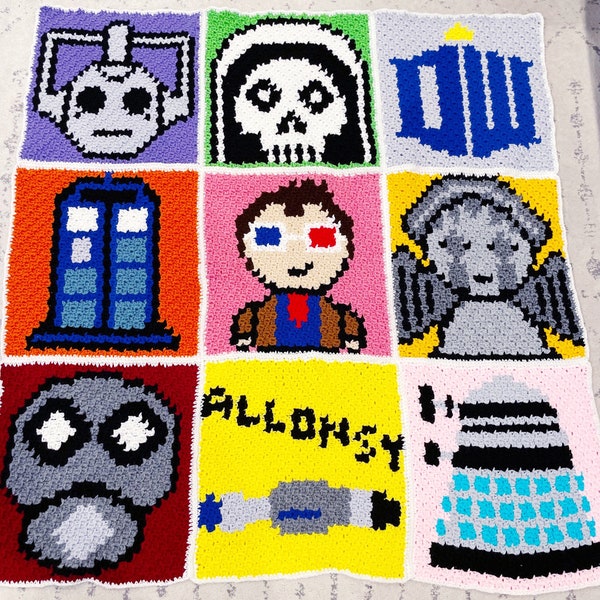 Doctor Who crochet pattern, blanket pattern, Graphgan, space theme, whovian nerd, crochet tutorial, pop art, nerdy art, tardis, patterns