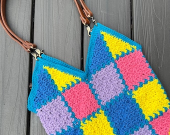 Digital crochet bag pattern, reusable tote bag, library book bag, patchwork bag, diy bag, diy crochet accessory, crochet bag