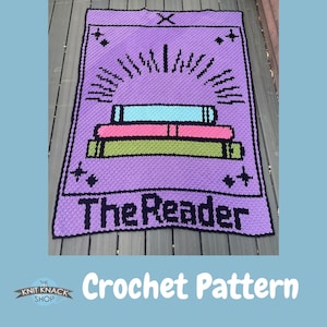 May include: A purple crochet blanket featuring a stack of books in green, pink, and blue, with a sunburst design above. The text "The Reader" is displayed below the books. The words "Crochet Pattern" are also visible.