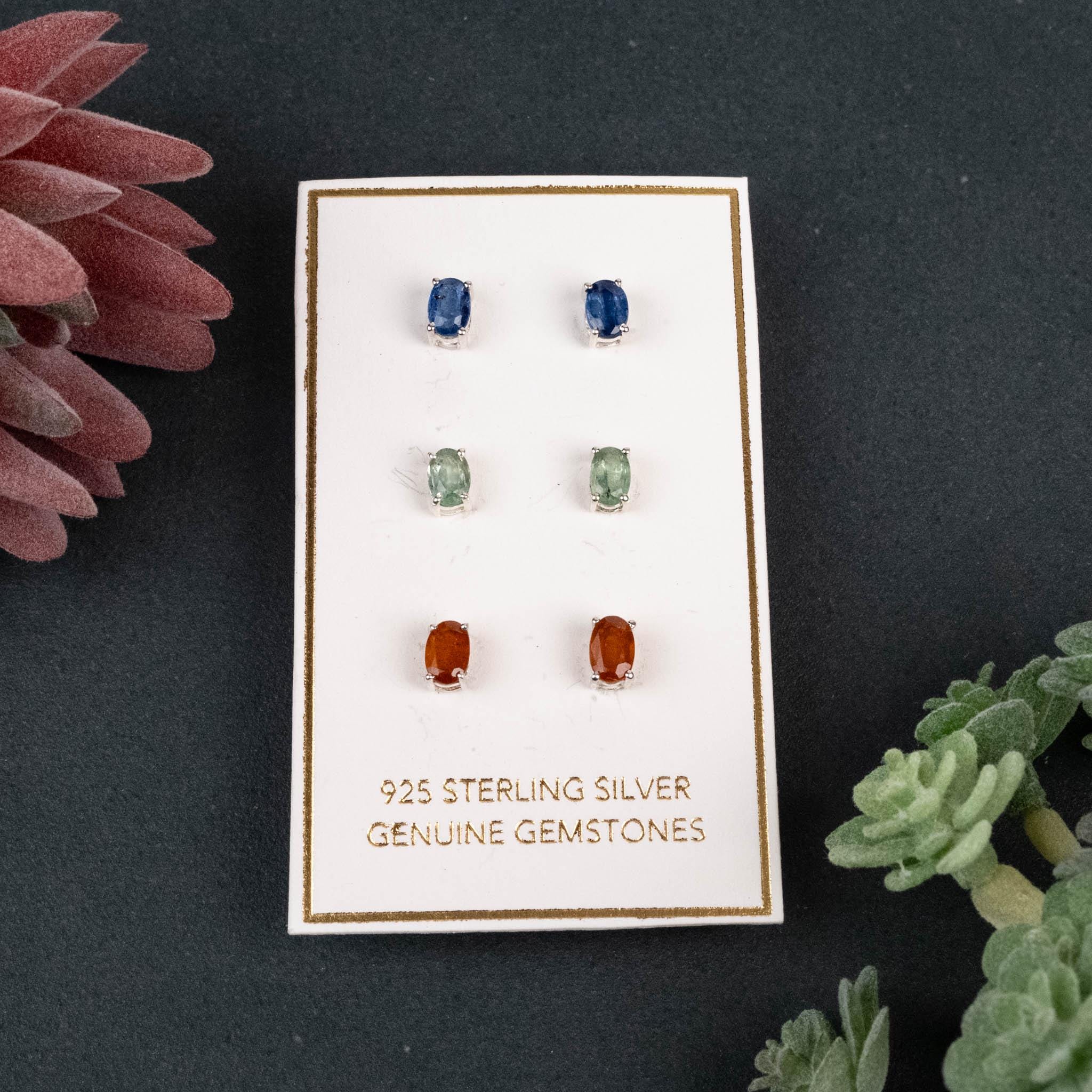 Kyanite 6x4mm Earrings 3 Pack - Blue, Mint & Orange .925 Silver