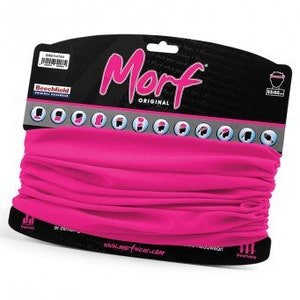 May include: Pink Morf Original multi-functional neck gaiter. The packaging shows the Morf logo and a variety of ways to wear the neck gaiter.