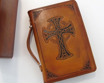 Bible Cover, Leather Case for Bible with zipper and top handle, Personalized with initials, available in 6 designs,