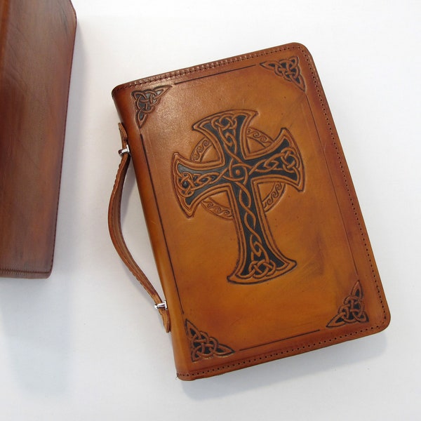 Bible Cover, Leather Case for Bible with zipper and top handle, Personalized with initials, available in 6 designs,